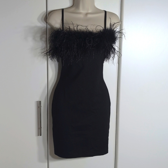 Hot & Delicious Black Feather Trim Mini Dress Size Large - Picture 1 of 7